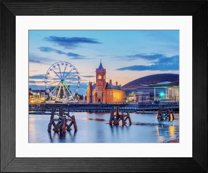 Framed Print : View over Cardiff Bay towards Pierhead Building at dusk, Cardiff, Wales, United Kingdom