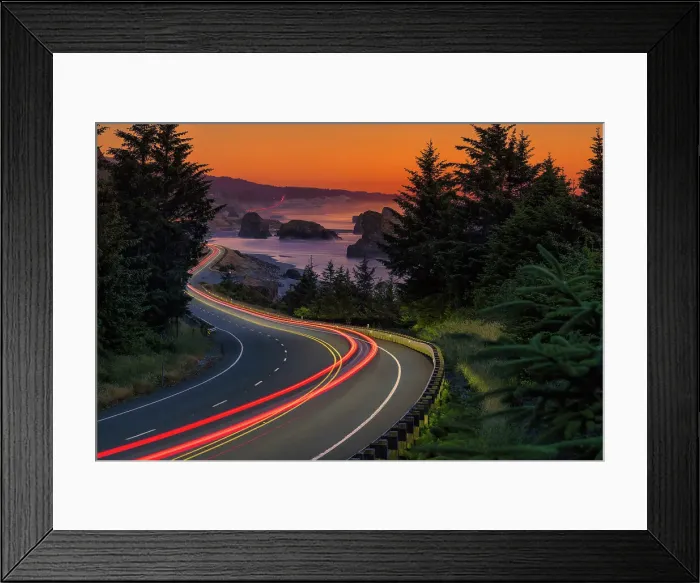 Framed Print : Light Trails along Coast Road at Sunset, Myers Creek Beach, Oregon, USA Framed Print : Light Trails along Coast Road at Sunset, Myers Creek Beach, Oregon, USA