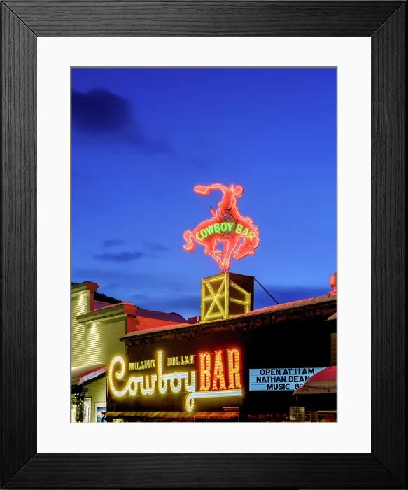Framed Print : Cowboy Bar Illuminated at Night, Neon Sign Jackson Hole, Wyoming, USA Framed Print : Cowboy Bar Illuminated at Night, Neon Sign Jackson Hole, Wyoming, USA