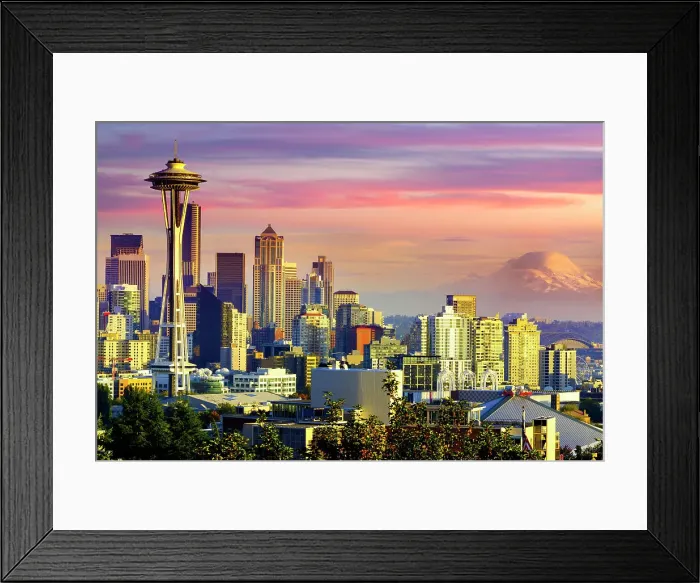 Framed Print : Space Needle, Skyline of Seattle Downtown, sunset with Mount Rainier in the background Seattle, Washington State, USA