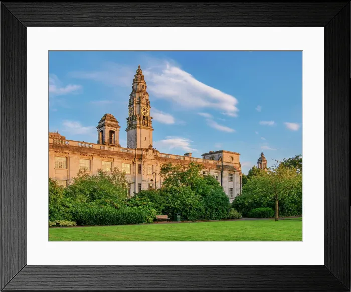 Framed Print : Alexandra Gardens and City Hall at sunset, Cardiff, Wales, United Kingdom