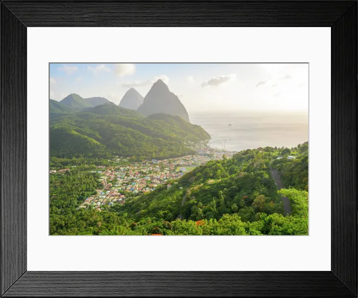 Framed Print : Stunning view of the Pitons (Petit Piton & Gros Piton) from an elevated viewpoint with the rainforest and bay of Soufriere in the foreground. Soufriere, Saint Lucia Framed Print : Stunning view of the Pitons (Petit Piton & Gros Piton) from an elevated viewpoint with the rainforest and bay of Soufriere in the foreground. Soufriere, Saint Lucia
