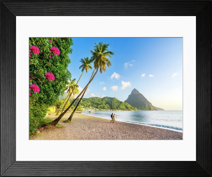 Framed Print : Soufriere Beach Park and bay at sunset Soufriere, Saint Lucia