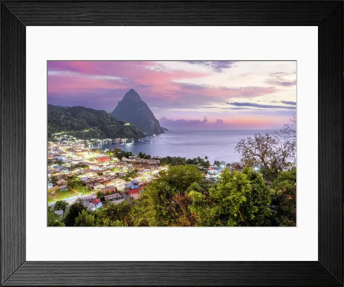 Framed Print : Sunset Piton Mountain Views Soufriere, Saint Lucia