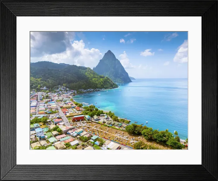 Framed Print : Piton Mountain Aerial Views Soufriere Bay and Beach Soufriere, Saint Lucia