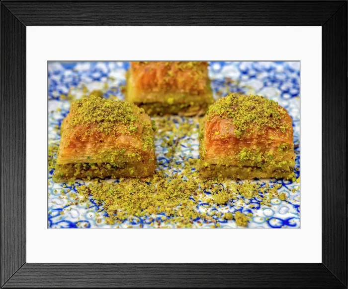 Framed Print : Turkish pistachio baklava pastry dessert, Istanbul, Turkey