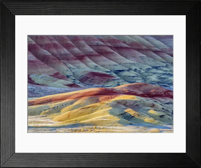 Framed Print : Eroded, exposed laterite and mudstone sediments in a sagebrush environment, John Day Fossil Beds National Monument, Painted Hills Unit, Mitchell, Oregon, USA Framed Print : Eroded, exposed laterite and mudstone sediments in a sagebrush environment, John Day Fossil Beds National Monument, Painted Hills Unit, Mitchell, Oregon, USA