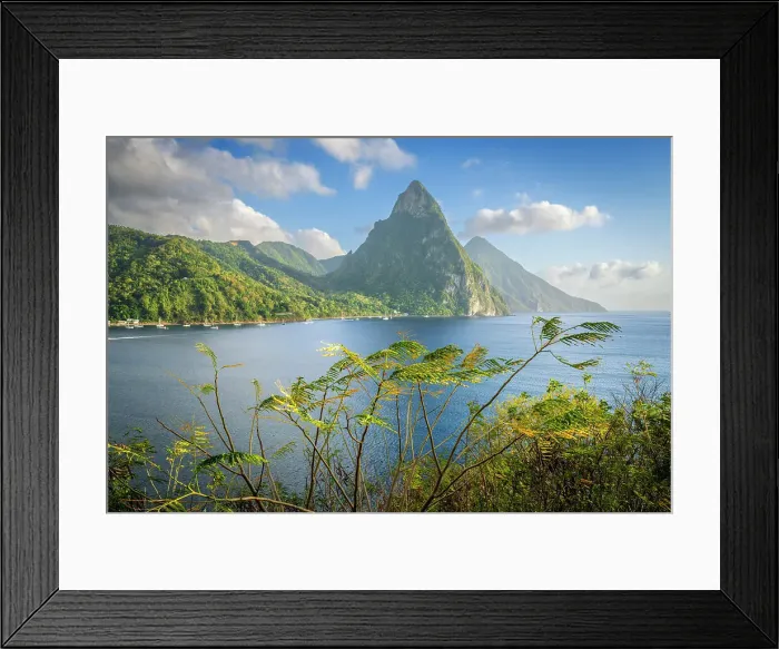 Framed Print : Aerial View of Soufriere Bay and the Piton Mountains, Soufriere, Saint Lucia
