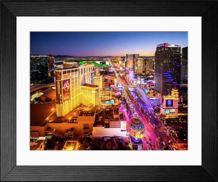 Framed Print : Aerial View at night of the Las Vegas illuminated Strip, with its lively Neon Colors Las Vegas, Nevada, USA
