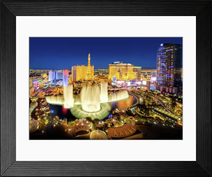 Framed Print : Strip View with Bellagio Fountain and Paris Hotel at night, Las Vegas, Nevada, USA Framed Print : Strip View with Bellagio Fountain and Paris Hotel at night, Las Vegas, Nevada, USA