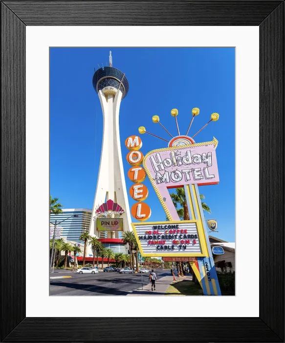 Framed Print : Holiday House Motel with Stratosphere Famous Las Vegas Strip and Boulevard Las Vegas, Nevada, Clark County USA Framed Print : Holiday House Motel with Stratosphere Famous Las Vegas Strip and Boulevard Las Vegas, Nevada, Clark County USA