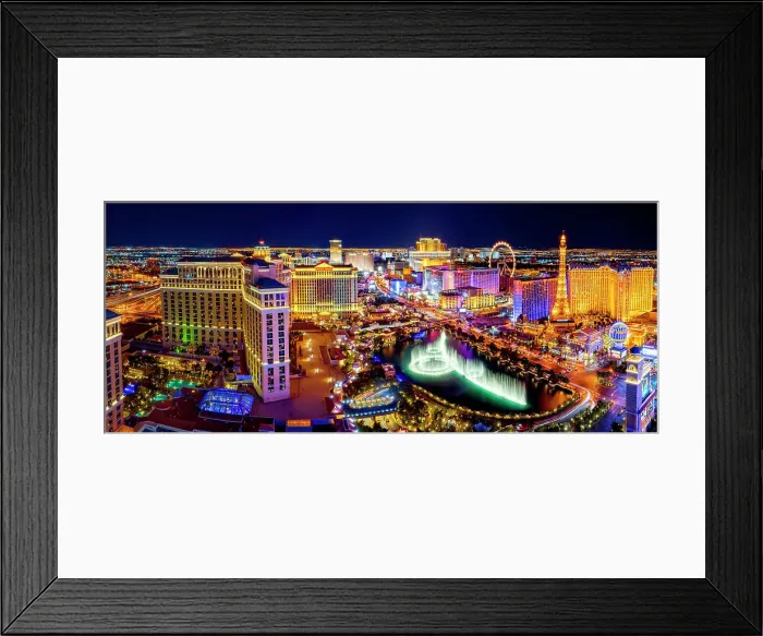 Framed Print : Aerial Strip View at night with Bellagio Fountains and Paris Hotel, Las Vegas, Nevada, USA