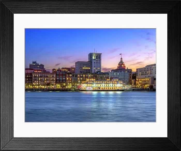 Framed Print : Savannah Skyline of River Street and City Hall with the Georgia Queen at the Dock Savannah, Georgia, USA Framed Print : Savannah Skyline of River Street and City Hall with the Georgia Queen at the Dock Savannah, Georgia, USA