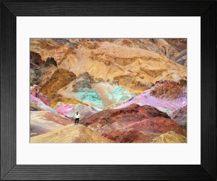 Framed Print : Hiker admiring Artists colorful Palette, Bad Lands Artists Drive Death Valley National Park, California, USA Framed Print : Hiker admiring Artists colorful Palette, Bad Lands Artists Drive Death Valley National Park, California, USA