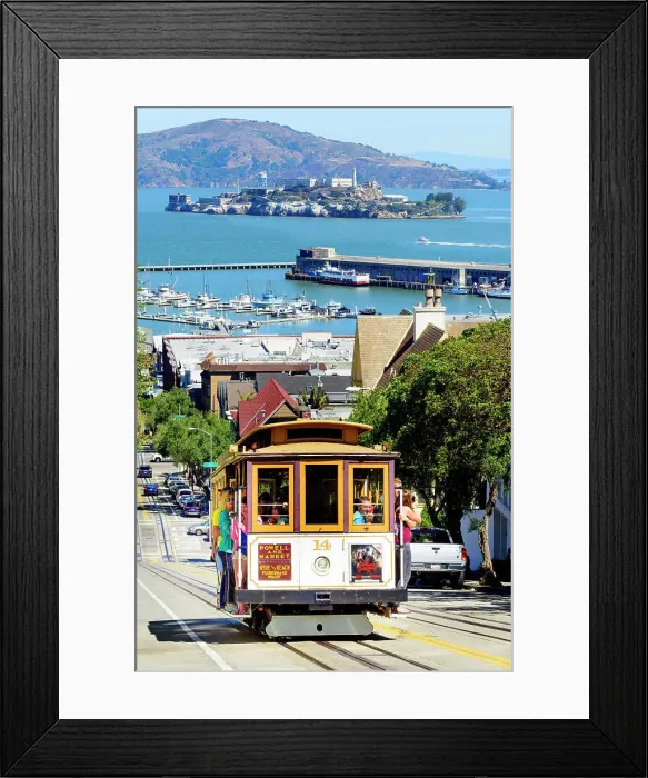 Framed Print : Lombard Street with Cable Car and Alcatraz in the background, San Francisco, California, USA Framed Print : Lombard Street with Cable Car and Alcatraz in the background, San Francisco, California, USA