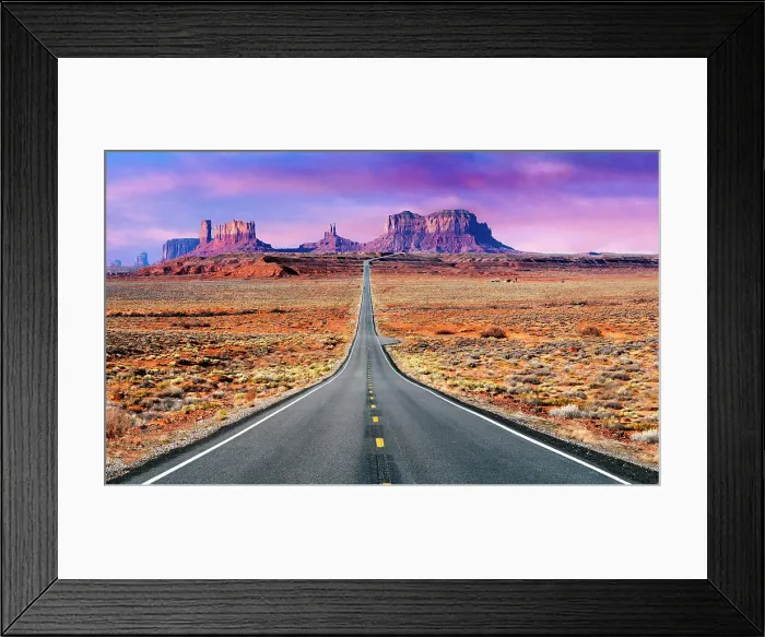 Framed Print : Road leading to Monument Valley, (Mexican Hat) Forrest Gump Point, US Highway 163, Utah Border Navajo Tribal Park, Arizona, USA