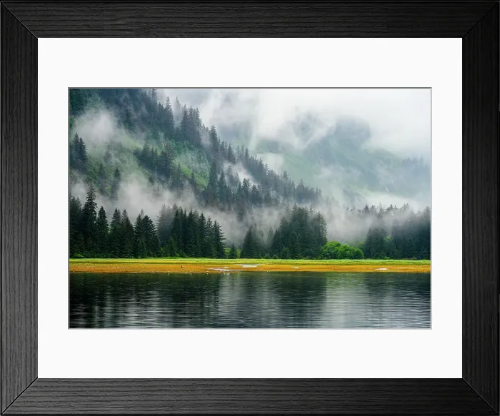 Framed Print : Low clouds on the hills surrounding the cove, Cannery Cove, Alaska, USA Framed Print : Low clouds on the hills surrounding the cove, Cannery Cove, Alaska, USA