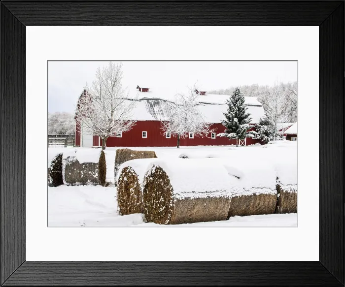 Framed Print : Winter agricultural landscape- hay bales and farm, Livingston Paradise Valley, Montana, USA