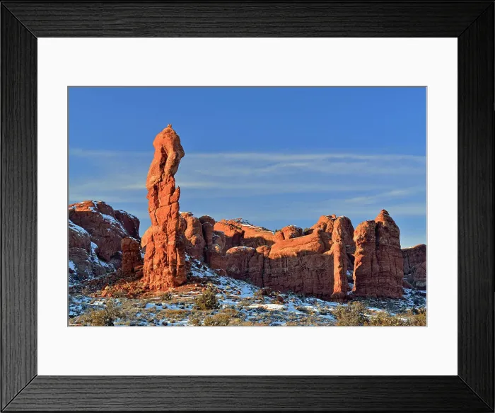 Framed Print : Sandstone pinnacles with fresh snow in the desert, Arches National Park, Utah, USA