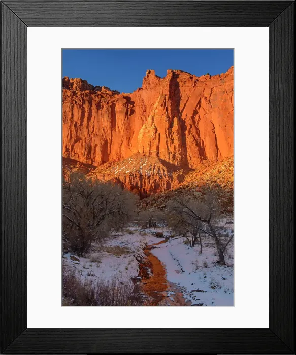 Framed Print : Red rock reflections in Sulphur Creek in winter, Capitol Reef National Park, Utah, USA
