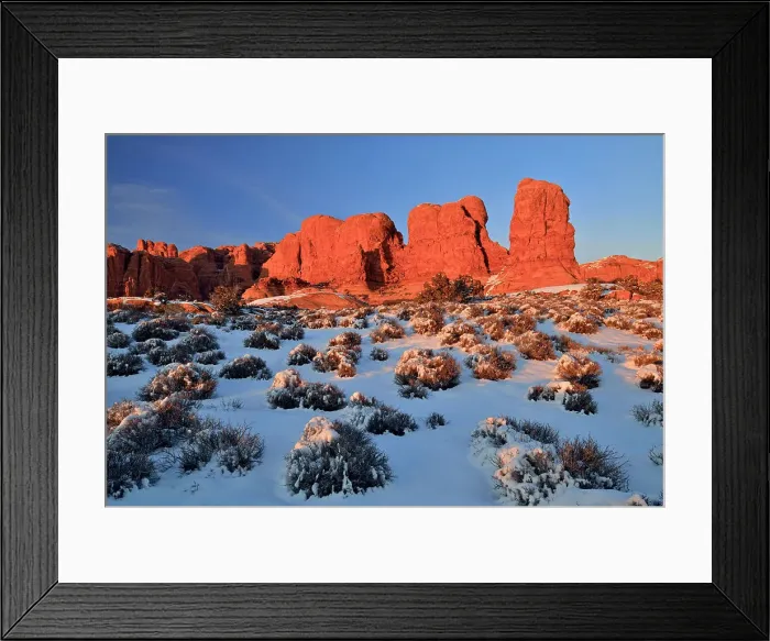 Framed Print : Elephant Butte in evening light with fresh snow, Arches National Park, Utah, USA
