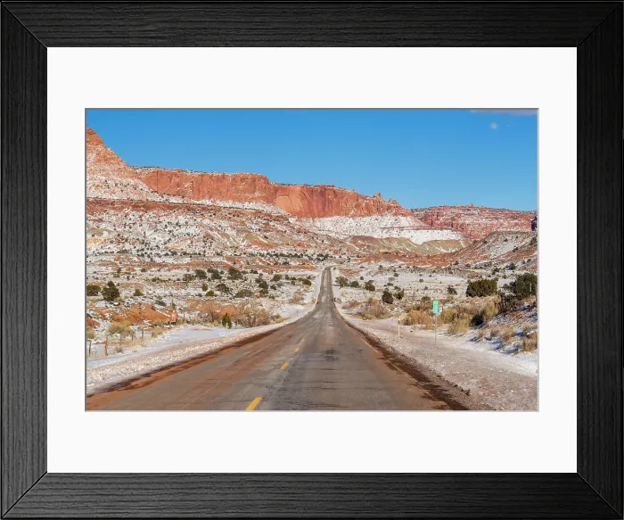 Framed Print : Fresh snow in the desert with Highway 24, Capitol Reef National Park, Utah, USA Framed Print : Fresh snow in the desert with Highway 24, Capitol Reef National Park, Utah, USA