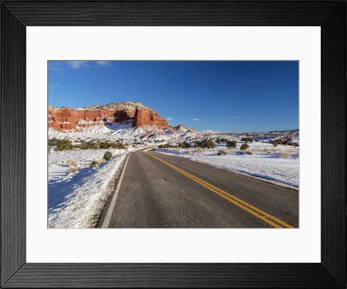 Framed Print : Fresh snow in the desert with Highway 24, Capitol Reef National Park, Utah, USA Framed Print : Fresh snow in the desert with Highway 24, Capitol Reef National Park, Utah, USA