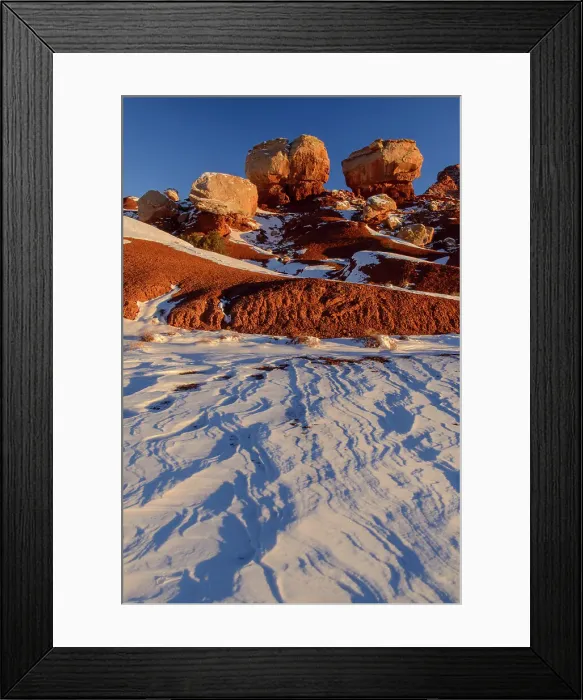 Framed Print : Recent snow in the high desert featuring Twin Rocks, Capitol Reef National Park, Utah, USA
