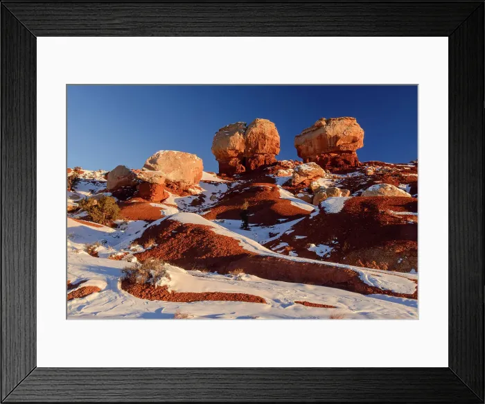 Framed Print : Recent snow in the high desert featuring Twin Rocks, Capitol Reef National Park, Utah, USA Framed Print : Recent snow in the high desert featuring Twin Rocks, Capitol Reef National Park, Utah, USA