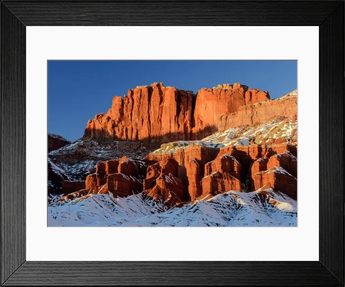 Framed Print : Fresh snow on the Rim Rock formations, Capitol Reef National Park, Utah, USA