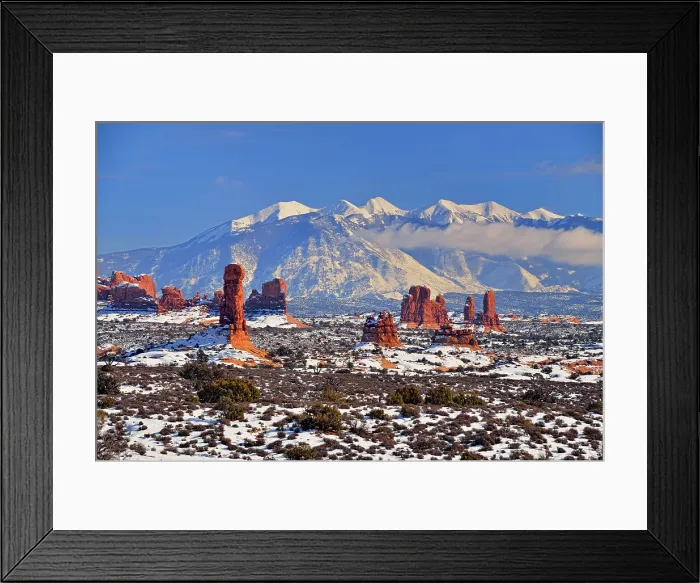 Framed Print : Sandstone spires and La Sal Mpuntains in winter, Arches National Park, Utah, USA