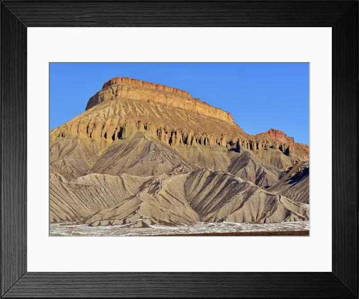 Framed Print : Melting snow on eroded butte, near Grand Junction, Colorado, USA Framed Print : Melting snow on eroded butte, near Grand Junction, Colorado, USA