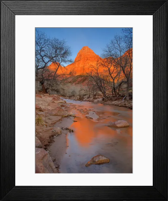 Framed Print : Alpenglow reflections in the North Fork of the Virgin River at sunset, Zion National Park, Utah, USA Framed Print : Alpenglow reflections in the North Fork of the Virgin River at sunset, Zion National Park, Utah, USA