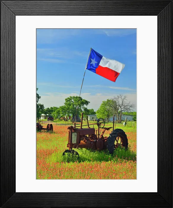 Framed Print : Texas flag on a 1935 John Deer tractor in a field of paintbrush, Burnet County, Texas, USA Framed Print : Texas flag on a 1935 John Deer tractor in a field of paintbrush, Burnet County, Texas, USA