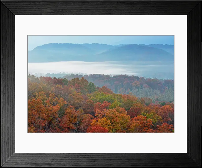 Framed Print : Autumn trees and morning mists in the valley, from the Foothills Parkway, Great Smoky Mtn Nat Park, Tennessee, USA Framed Print : Autumn trees and morning mists in the valley, from the Foothills Parkway, Great Smoky Mtn Nat Park, Tennessee, USA