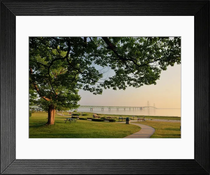 Framed Print : Oak tree overlooking a park on the shore of Straits of Mackinac, Lake Huron, with the Mackinac Bridge, Mackinaw city, Michigan, USA Framed Print : Oak tree overlooking a park on the shore of Straits of Mackinac, Lake Huron, with the Mackinac Bridge, Mackinaw city, Michigan, USA