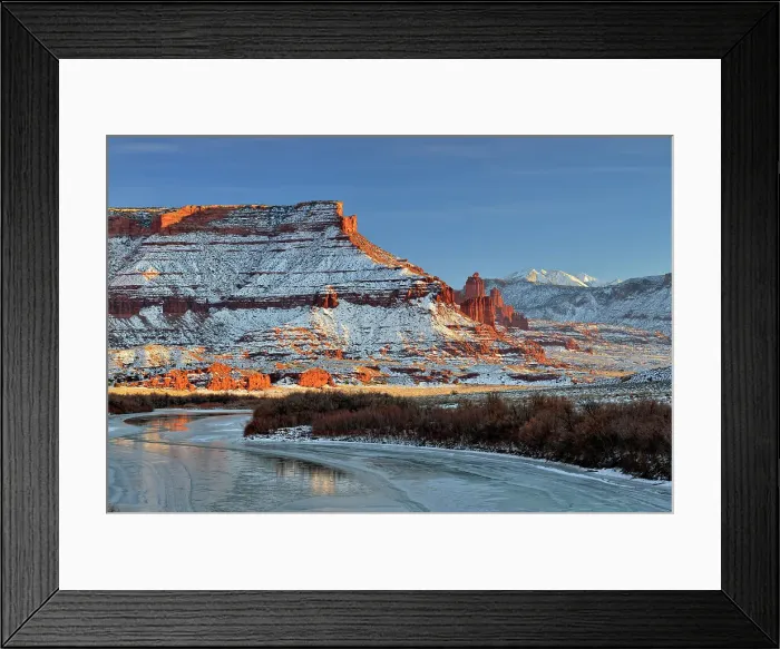 Framed Print : Red rock formations and Colorado River with snow in winter near sunset, Colordao Riverway Recreation Area, Utah, USA