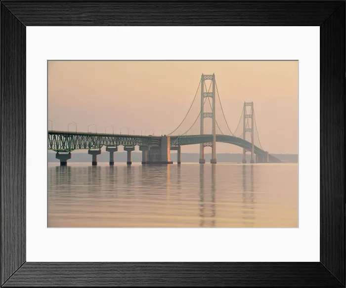 Framed Print : Mackinac Bridge across the Straits of Mackinac at dawn, Mackinaw city, Michigan, USA Framed Print : Mackinac Bridge across the Straits of Mackinac at dawn, Mackinaw city, Michigan, USA