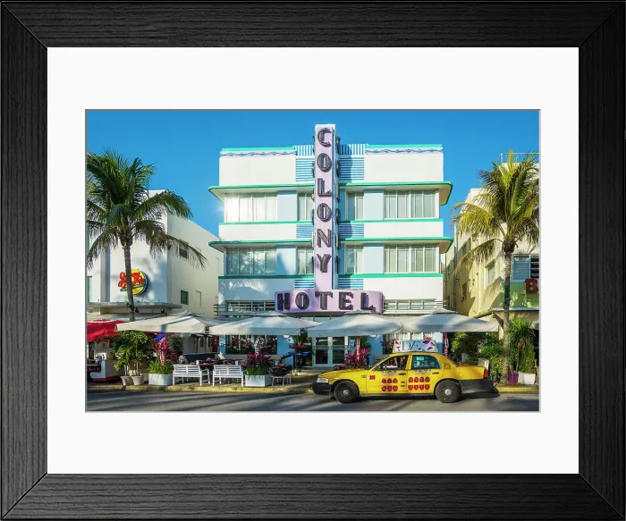 Framed Print : Ocean Drive with Yellow Cab South Miami Beach, Miami Dade, Florida, USA