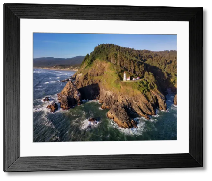 Framed Print : Aerial View Over Haceta Head Lighthouse & Coastline, Oregon, USA Framed Print : Aerial View Over Haceta Head Lighthouse & Coastline, Oregon, USA