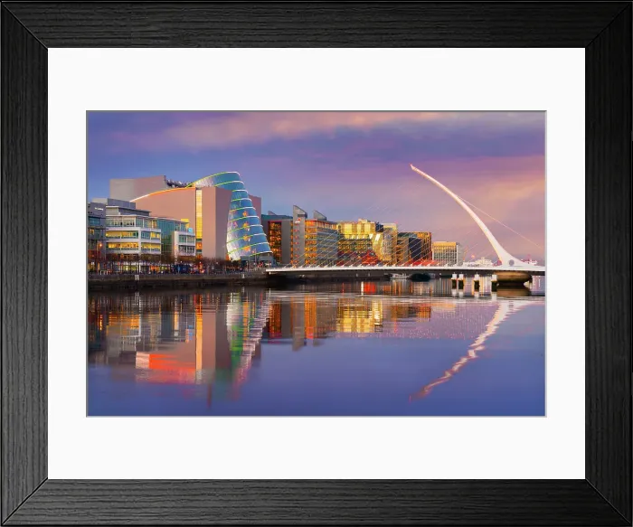 Framed Print : Ireland, Dublin, River Liffey, Samuel Beckett Bridge and convention centre at dusk