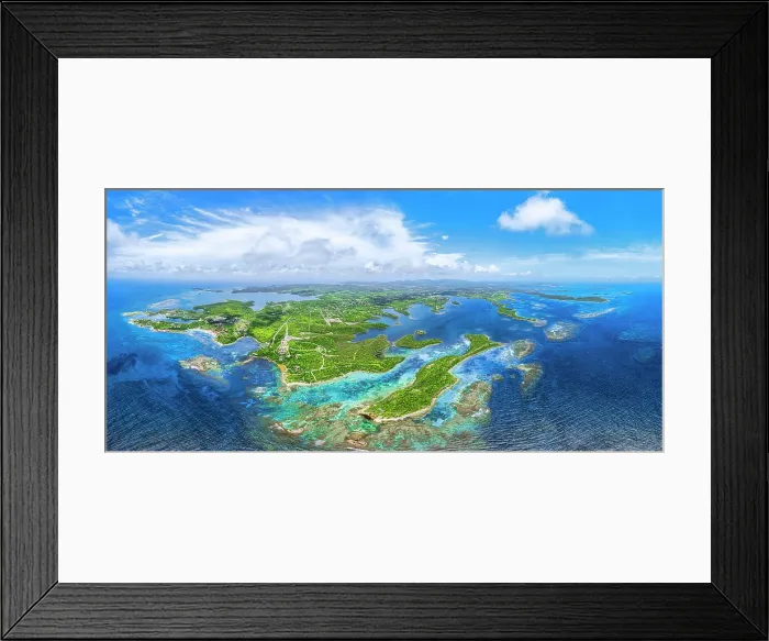 Framed Print : Arial view of idyllic green tropical islands and coral reef, Antigua, Antigua & Barbuda, Caribbean, West Indies