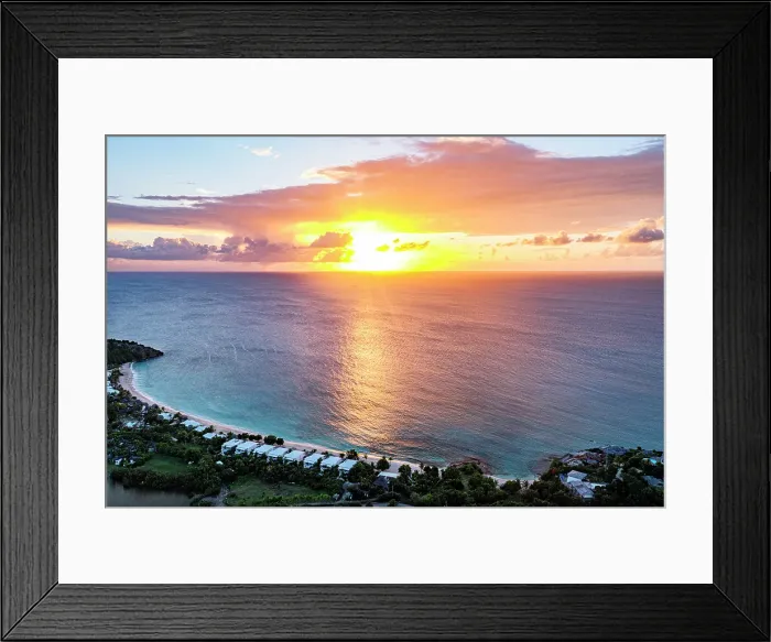 Framed Print : Tropical sunset over Galley Bay fine sand beach, aerial view, Antigua, Antigua & Barbuda, Caribbean, West Indies Framed Print : Tropical sunset over Galley Bay fine sand beach, aerial view, Antigua, Antigua & Barbuda, Caribbean, West Indies