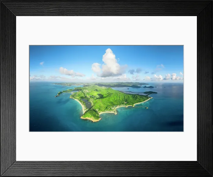 Framed Print : Aerial panoramic of idyllic tropical beaches facing the blue Caribbean sea, Galley Bay, Antigua, Antigua & Barbuda, West Indies Framed Print : Aerial panoramic of idyllic tropical beaches facing the blue Caribbean sea, Galley Bay, Antigua, Antigua & Barbuda, West Indies