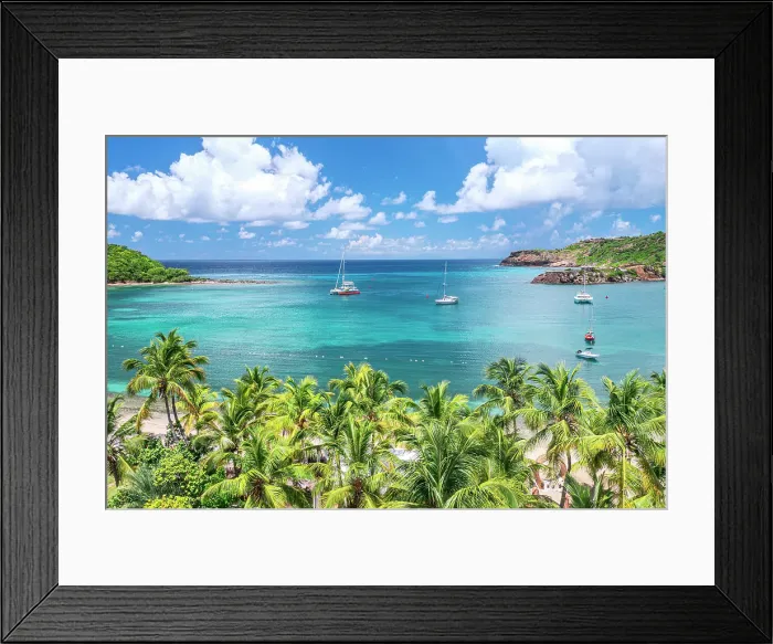 Framed Print : Lush palm trees on sandy shore overlooking a blue lagoon, Galleon beach, aerial view, English Harbour, Antigua, Caribbean Framed Print : Lush palm trees on sandy shore overlooking a blue lagoon, Galleon beach, aerial view, English Harbour, Antigua, Caribbean