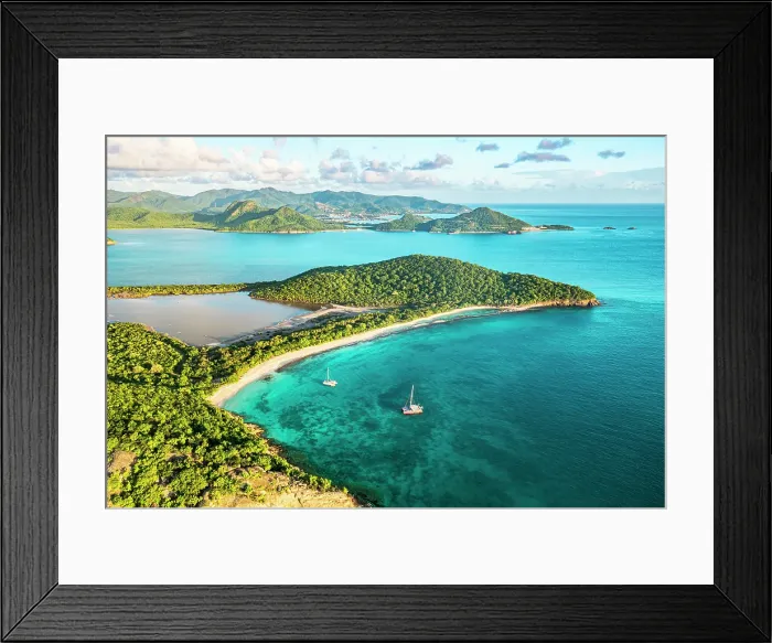 Framed Print : Aerial view of boats moored in a tropical lagoon nearby the green Pearns Point headland, Antigua, Antigua & Barbuda, Caribbean Framed Print : Aerial view of boats moored in a tropical lagoon nearby the green Pearns Point headland, Antigua, Antigua & Barbuda, Caribbean