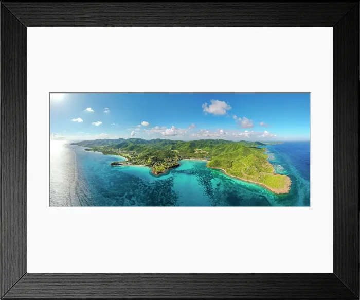 Framed Print : Panoramic aerial of a green forest surrounded by the crystal water of Caribbean Sea, Carlisle Bay, Antigua, Antigua & Barbuda Framed Print : Panoramic aerial of a green forest surrounded by the crystal water of Caribbean Sea, Carlisle Bay, Antigua, Antigua & Barbuda