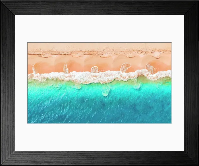 Framed Print : Overhead view of waves of blue sea breaking on pink sand beach in a tropical lagoon, Barbuda, Antigua & Barbuda, Caribbean Framed Print : Overhead view of waves of blue sea breaking on pink sand beach in a tropical lagoon, Barbuda, Antigua & Barbuda, Caribbean