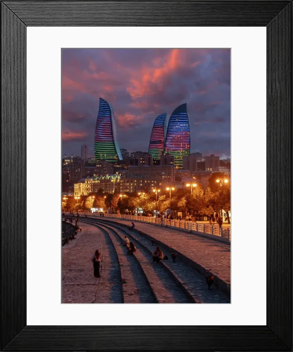 Framed Print : Flame Towers and boulevard at night, Baku, Azerbaijan Framed Print : Flame Towers and boulevard at night, Baku, Azerbaijan
