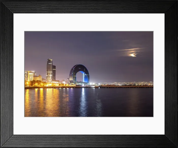 Framed Print : Crescent Bay mall under a full moon at night, Baku, Azerbaijan Framed Print : Crescent Bay mall under a full moon at night, Baku, Azerbaijan
